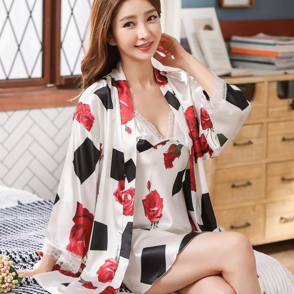 

flower print sweet twinset robe set satin lace 2pcs sleepwear women bathrobekimono robe gown 2pcs sleep set home clothes, Black;red