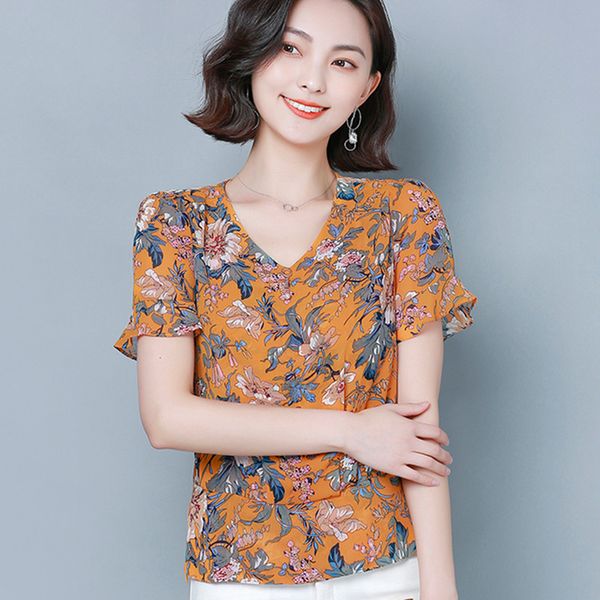 

women's blouses & shirts korean fashion chiffon women print shirt blusas femininas elegante floral flare sleeve plus size, White