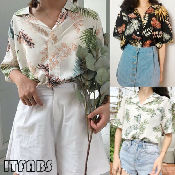 

women casual loose short sleeve blouse summer hawaii holiday beach shirt blouses leaf printed turn-down collar sweet shirts, White