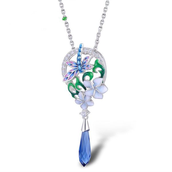 

enamel colorful dragonfly/flowers delicate silver necklace classic white zircon banquet anniversary wedding women's jewelry