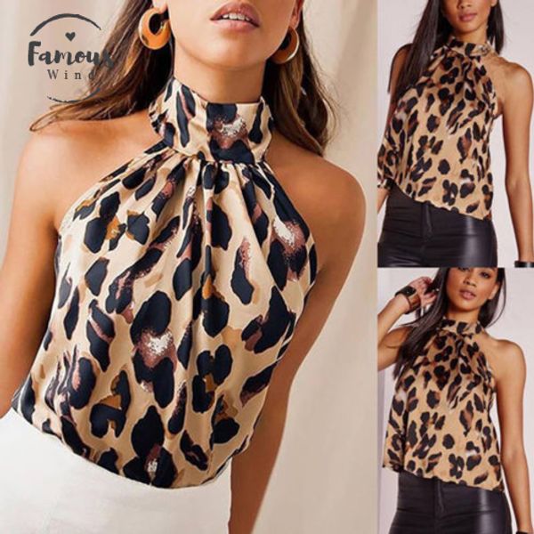

womens leopard print halter neck sleeveless button cami vest evening party leopard drop shipping, White