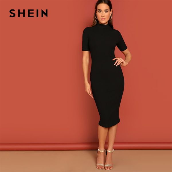 

шеин черный mock neck риб-вязать карандаш эластичный колен bodycon платье твердая платье женщин 2019 весна с коротким рукавом повседневные п, Black;pink