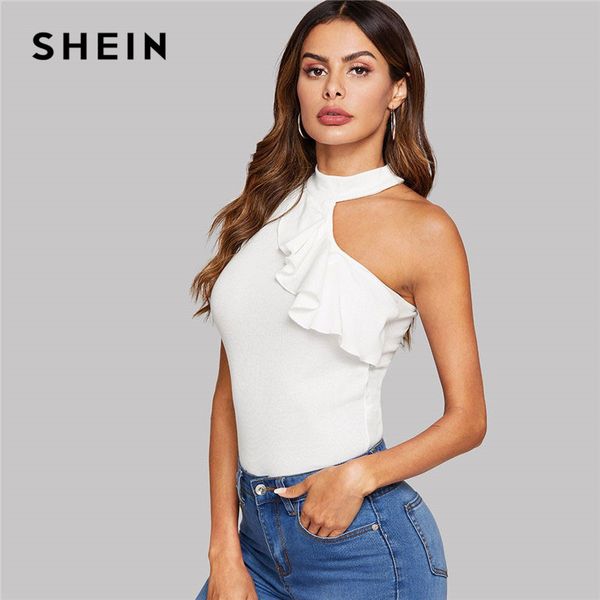 

shein white ruffle detail asymmetrical neck solid summer women off the shoulder stretchy skinny highstreet camis