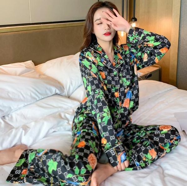 

luxury g letter print women silk pajamas v-neck long sleeve shirt sleepwear women casual home clothing 2 piece suits, Blue;gray