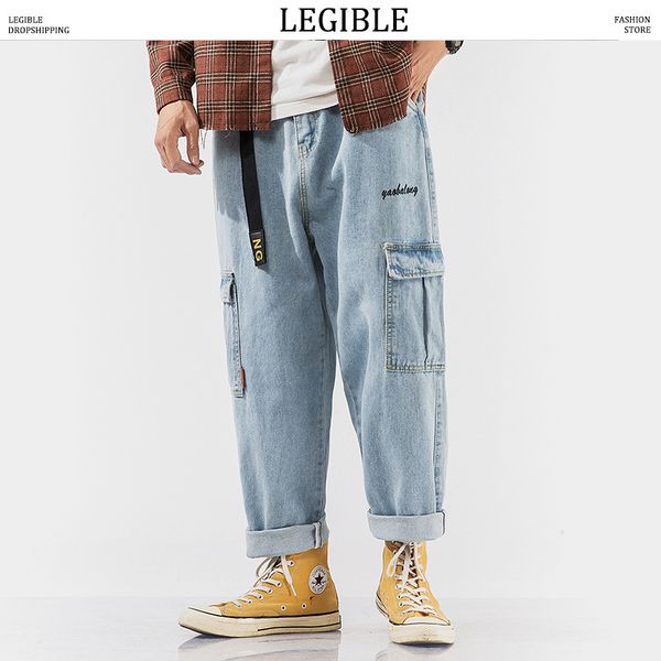 

legible cargo jeans pants mens fashion pocket denim pants men designer trousers casual loose elastic waist, Blue