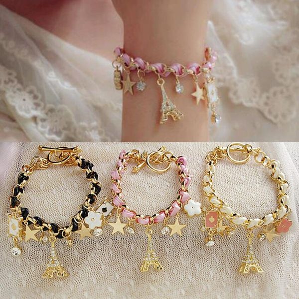 

new fashion braid leather eiffel tower star rhinestone crystal leather charm bracelets bangles anklet for women ladies gift ing, Golden;silver