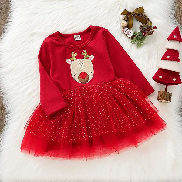

elk print girls christmas dress a-line lace vestido infantil autumn long sleeve layered dress pure red christmas clothes d35 y200317, Red;yellow
