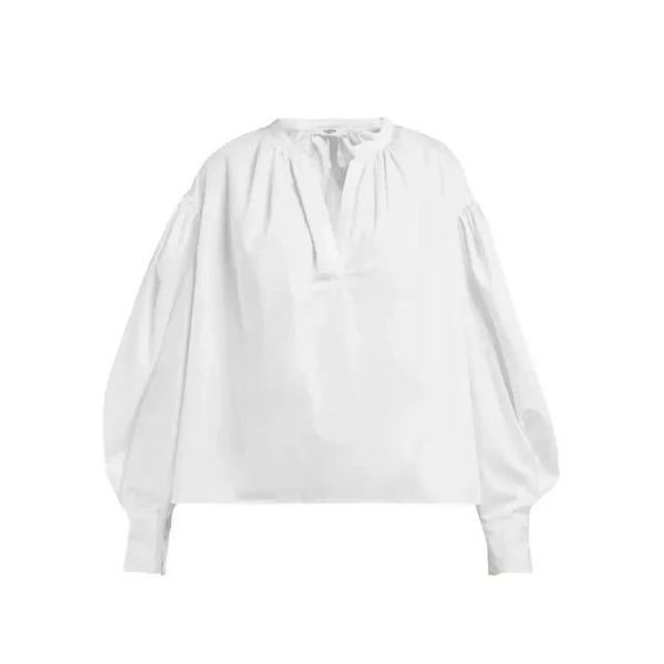 

women shirts 2019 autumn and winter new puff-sleeved v-neck two-color shirt, White
