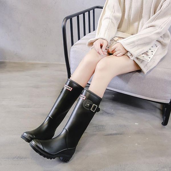 

women round toe waterproof insulated high winter wellington warm lined rain boots cold weather buckles anti-slip block heel, Black