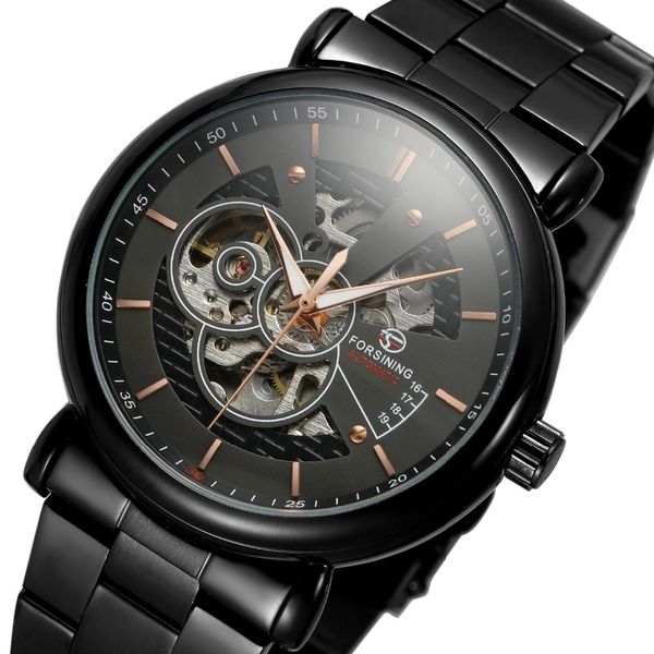 

forsining men automatic mechanical wristwatches stainless steel skeleton watch for man clocks relogio masculino reloj hombre, Slivery;brown