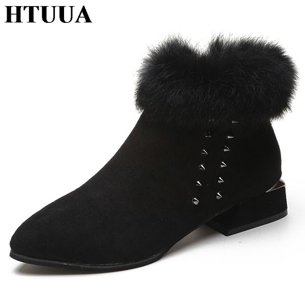 

htuua fur ankle boots for women rivet fashion warm plush winter boots pointed toe short snow ladies shoes sx1529, Black