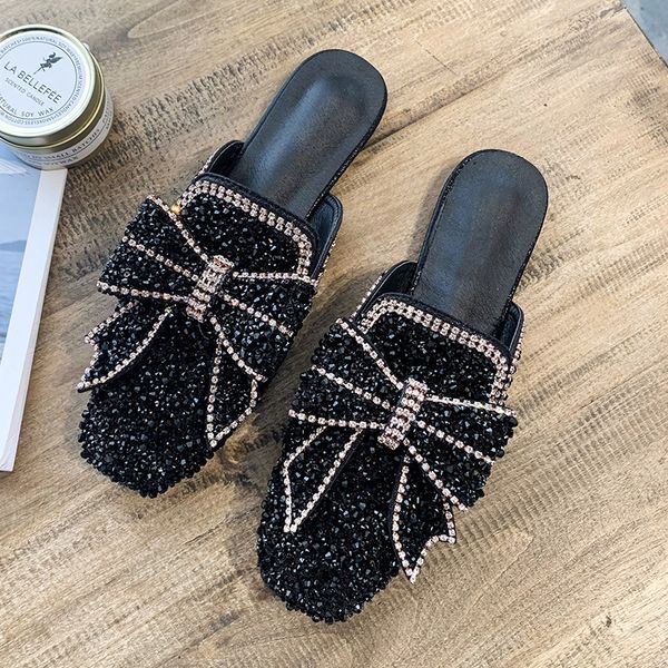 

baotou half slippers women's clothing 2020 new girl cute pink flat rhinestone bow bow sandals women casual women's shoes, Black
