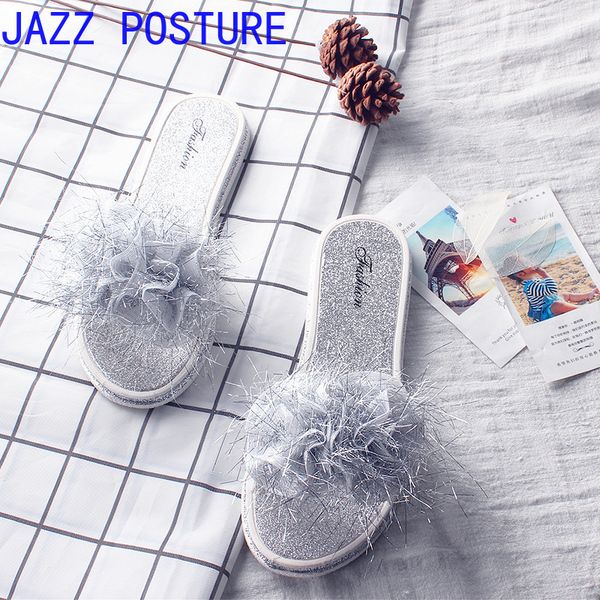 

2019 summer new fashion slippers women wear flowers fur flip flops, non-slip casual comfortable sandals slippers y724, Black