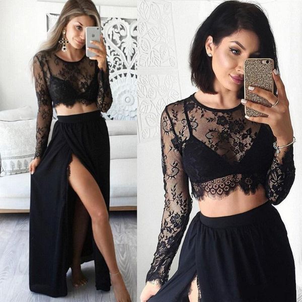 

2019 new black side split prom dresses girls sheer two piece long sleeve evening gowns lace formal women special occasion dress a24
