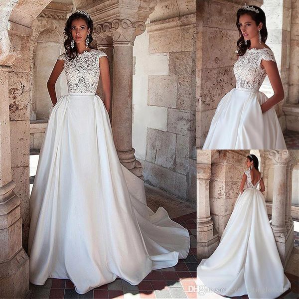 

graceful tulle jewel neckline natural waistline applique lace wedding dresses matte satin bridal dress with pocket vestido de noiva praia, White