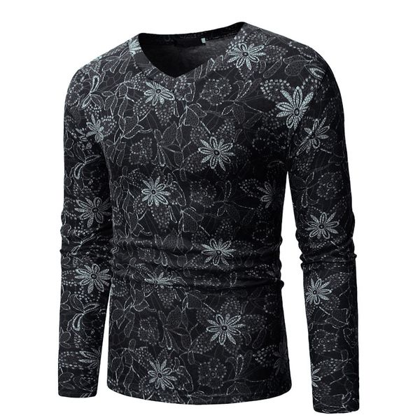 

men floral t-shirts v neck long sleeves slim fit breathable for spring -mx8, White;black