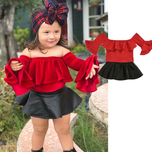 

Summer Toddler Girl Red Clothes Kids Baby Girls Set Ruffle Off Shoulder Tops + Leather Skirt Children Girl 2Pcs Outfits