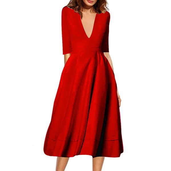 

spring women high waist long bohemian dress v-neck dress soild mid calf for ladies elegant party female, Black;gray