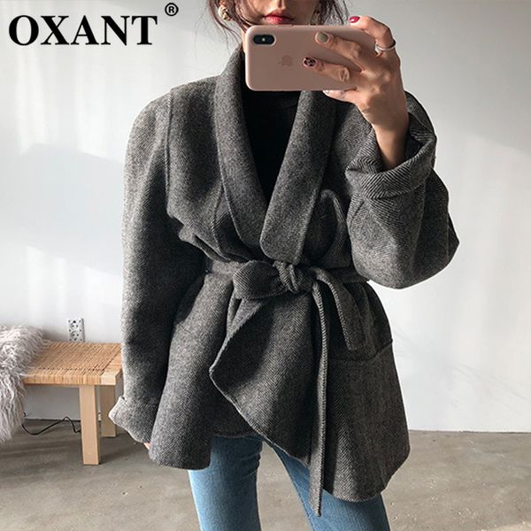 

oxant women's woolen coat 2019 autumn and winter new high-end loose tie temperament overcoat for women, Black