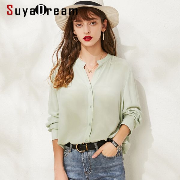 

suyadream women silk blouses 100%silk crepe office lady v neck long sleeved blouse shirt chest pockets shirts 2019, White