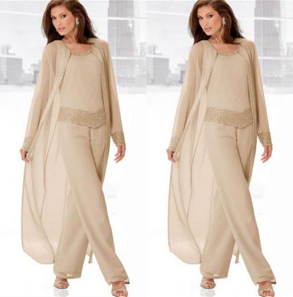 

champagne mother of the bride suits with jackets long sleeve beaded chiffon formal wear 3 piece mother's pant plus size, Black;red