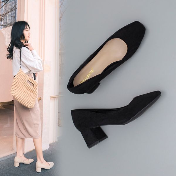

spring 2020 single shoes womens square head high heels fashionable allaround womens shoes shallow mouth thick heels 4143 large, Black