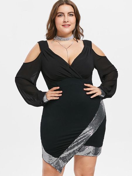 

Wipalo Plus Size Women Sequins Mesh Panel Cold Shoulder Overlap Dress Long Sleeve Knee Length Bodycon Dress Lady Elegant Party