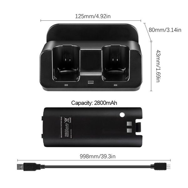 

3 in 1 led remote control charging dock station + 2x2800mah battery for wii u