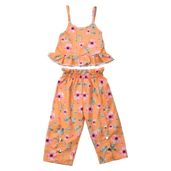 

summer toddler kids baby girl clothes flower sling vest +pants outfits set, White