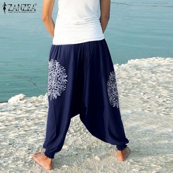 

kaftan printed harem pants women's spring drop crotch trousers zanzea 2020 casual elastic waist pantalon palazzo turnip 5xl, Black;white