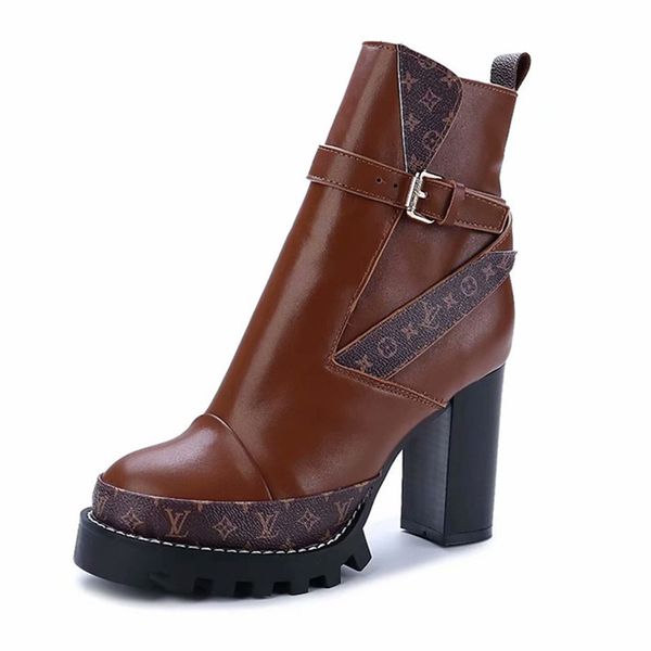 

european station autumn and winter super high-heeled platform thick with ankle boots female vintage round head belt buckle martin boots, Black