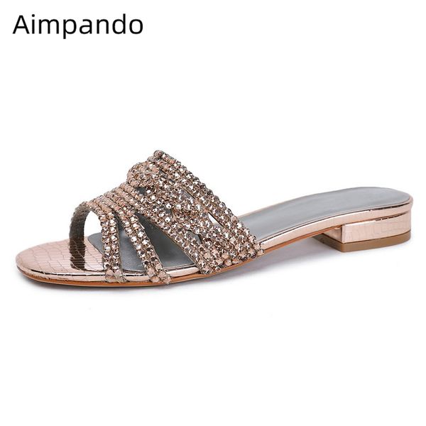 

2020 new summer beading rhinestone slippers women open toe flat mules stone grain jewel crystal party shoes woman big size, Black