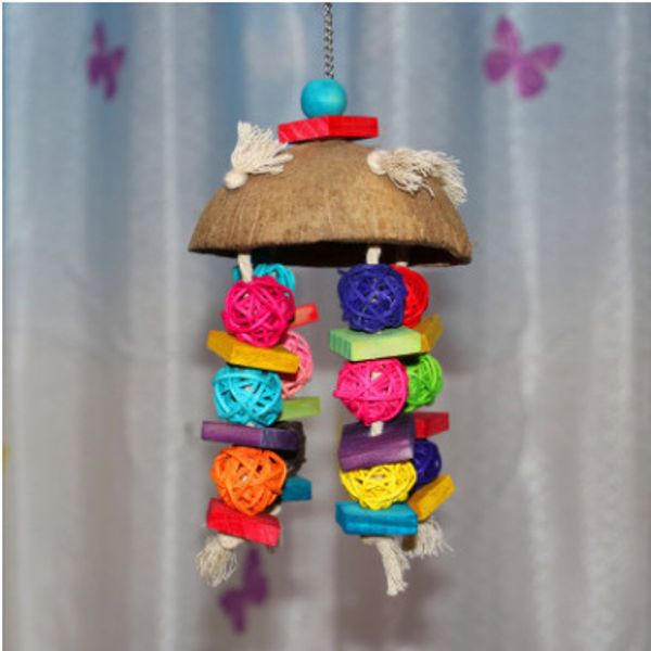 

coconut husk sepaktakraw colour wood toys parrot gnawing string chew toys bird toys