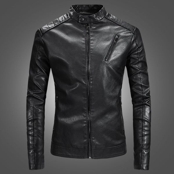 

2018 autumn new casual stand collar motorcu montu erkek good quality slim fit jaket men leather, Black