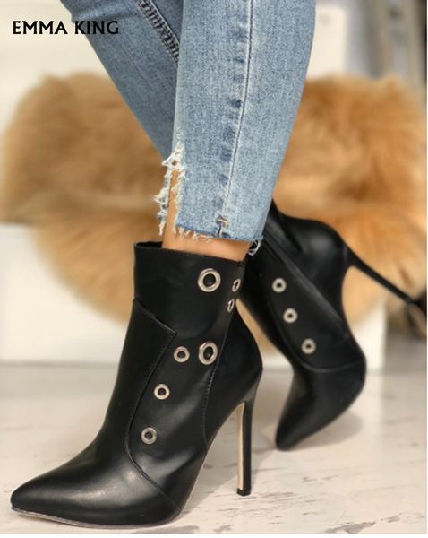 

new spring/autumn metallic ring point toe thin heeled ankle boots women side zip botas mujer2019 high stiletto heel shoes woman, Black