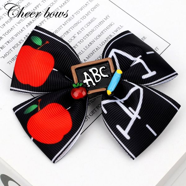 

2 шт / лот 3.5" клипы back to school бигуди для девочек детские яблока печатных лент для волос шпильки студенческих аксессуары, Slivery;white