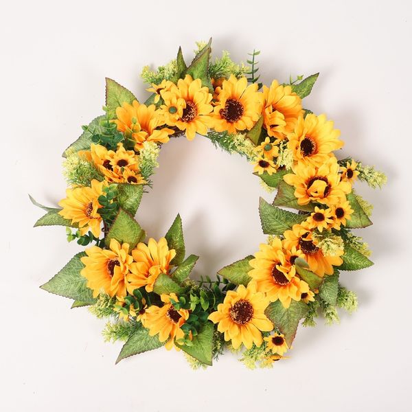 

warm style artificial flower wreath garland with yellow sunflower and green leaves front door window wedding decorations