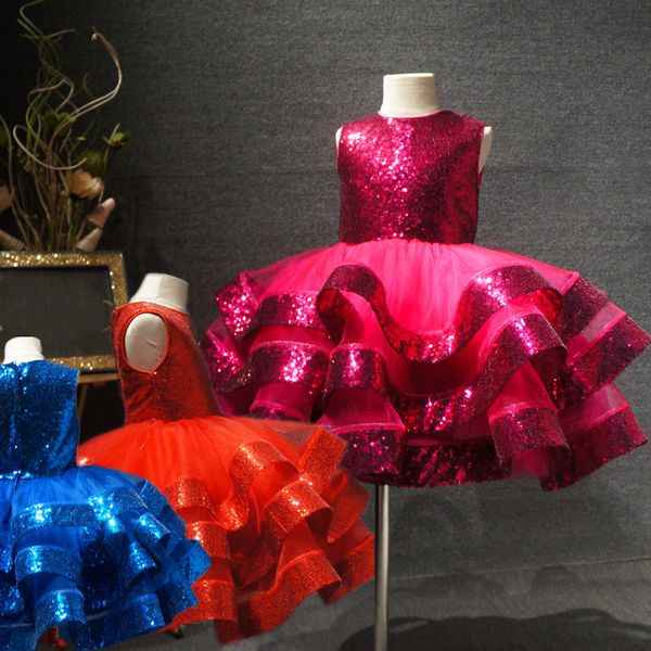 

2020 new design baby girl dresses puffy tiered skirt sequins tulle baby girls birthday dresses tutu clothes first birthday, Red;yellow