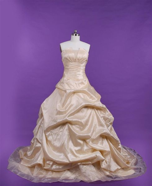 

champagne strapless ball gown sweetheart plain line taffeta gown manual ruffle with beads bridal dress, White