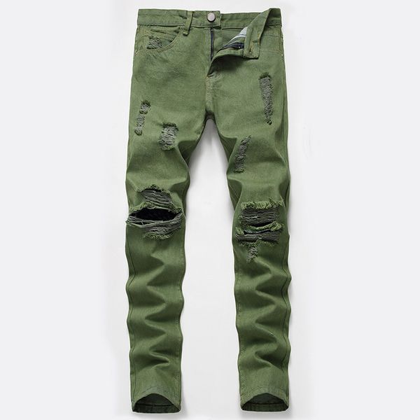 

men's knee hole trousers ripped army green autumn winter zipper washed retro high street fashion denim, Blue