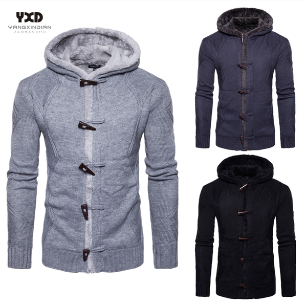 

men's sweaters men clothes coat plus velvet thick knitted cardigan man hooded mens outwears warm winter mans sweater male jacke, White;black