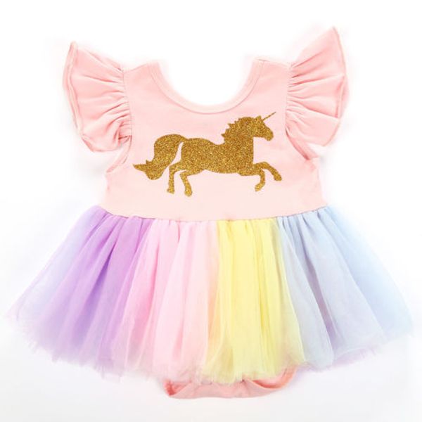 

rainbow newborn baby girl unicorn dress lace tutu half sleeve dress kid costume, Red;yellow