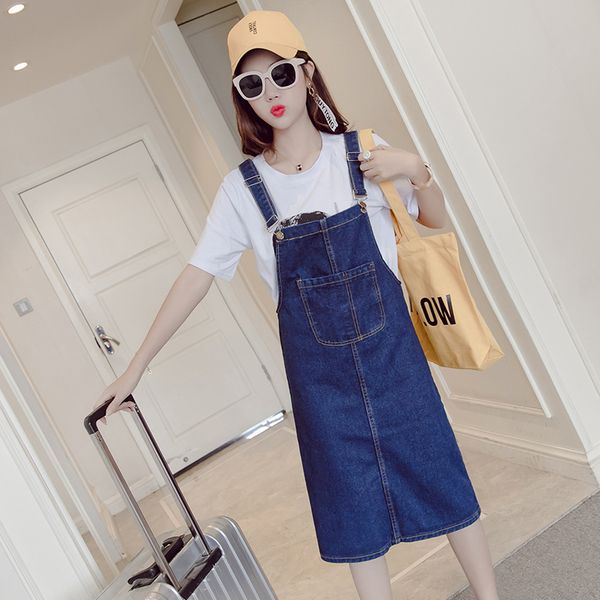

s-5xl plus size denim dress 2018 summer style loose strap jeans dress preppy suspender denim sundress overall blue, Black;gray