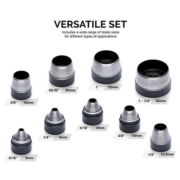 

interchangable hollow hole punch set with handle heavy duty 10 pcs large set slc88