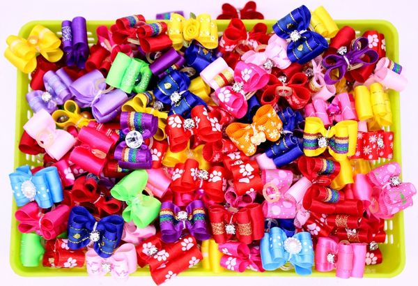 

200pcs pearl dog hair bows rubber bands robbon bows diamond grooming bowknot for dog hair grooming accessories products