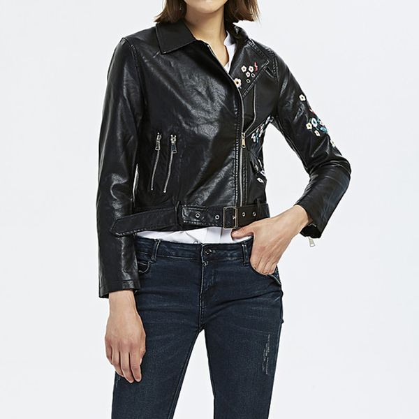 

leather jacket embroidery black faux female motorcycle 2019 coat blet women biker lady outwear autumn winter outerwear short