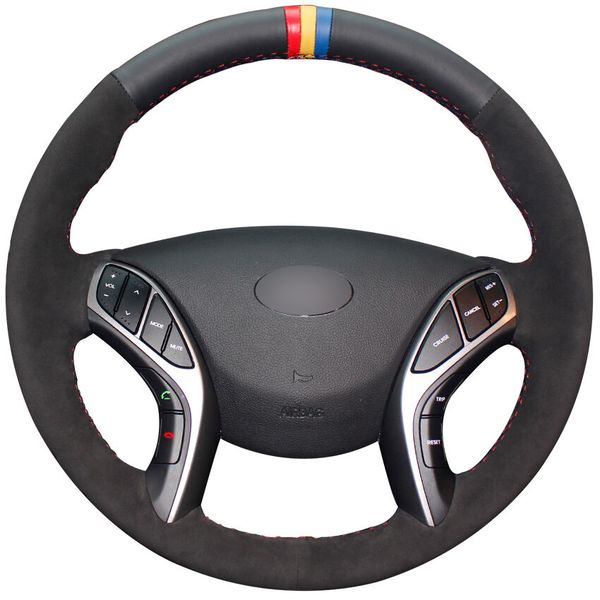

black genuine leather black suede car steering wheel cover for hyundai elantra