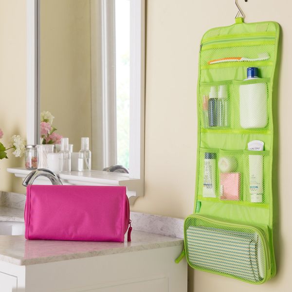 

multi-functional travel toiletry pouch portable folding women cosmetic bag wall hanging makeup storage bags sundries organizer