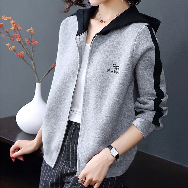 

autumn winter zipper running jacket women hooded fitness coat long sleeve sport cardigan coat with pocket sportswear#45, Black;white