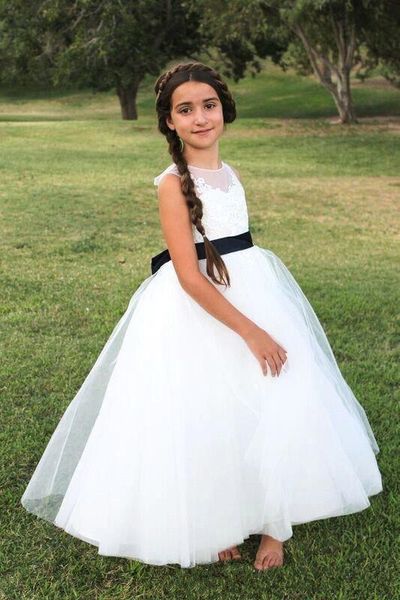 

white princess flower girl dresses 2019 new tulle sheer girl pageant gowns simple bow sash ankle length lace girls birthday party gowns f22, White;blue